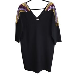 TRINA TURK Black Shift Dress Womens Size 10 Shobu Sequin Shoulders V-Neckline